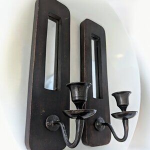 Mid-Century Vintage Pair of Wood Mirrored Wall Sconces | Candle Holders